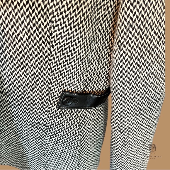 EUC Talbots Black & White Herringbone, Wool Tweed w/ Leather Blazer, Size 14 - Picture 4 of 9